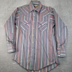 Holt Western Shirt Mens Medium Gray Striped Pearl Snap Long Sleeve USA Vtg